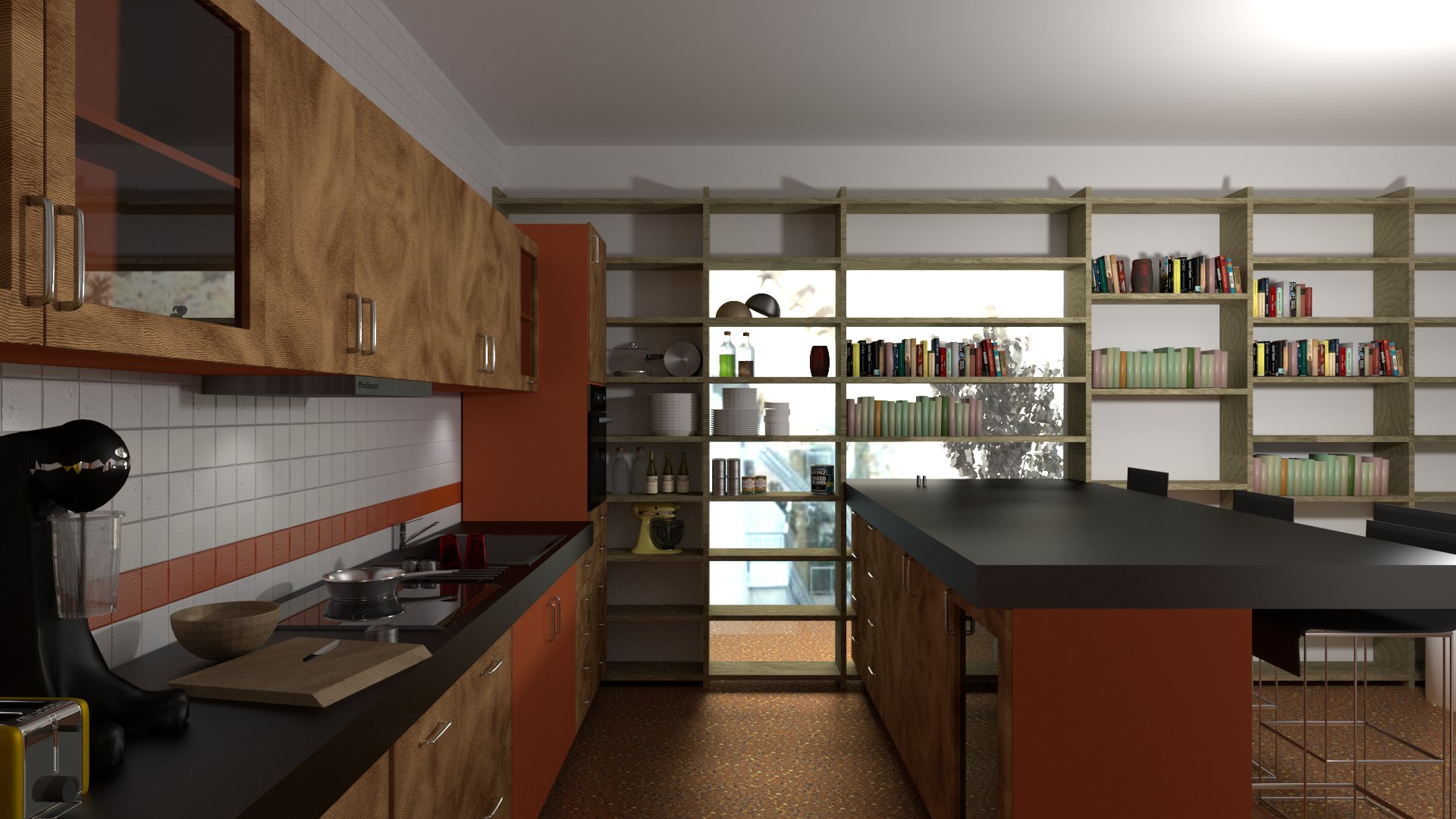 A 3D visualization of a kitchen, looking out through a bookcase